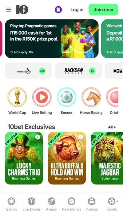 10bet South Africa mobile casino homepage