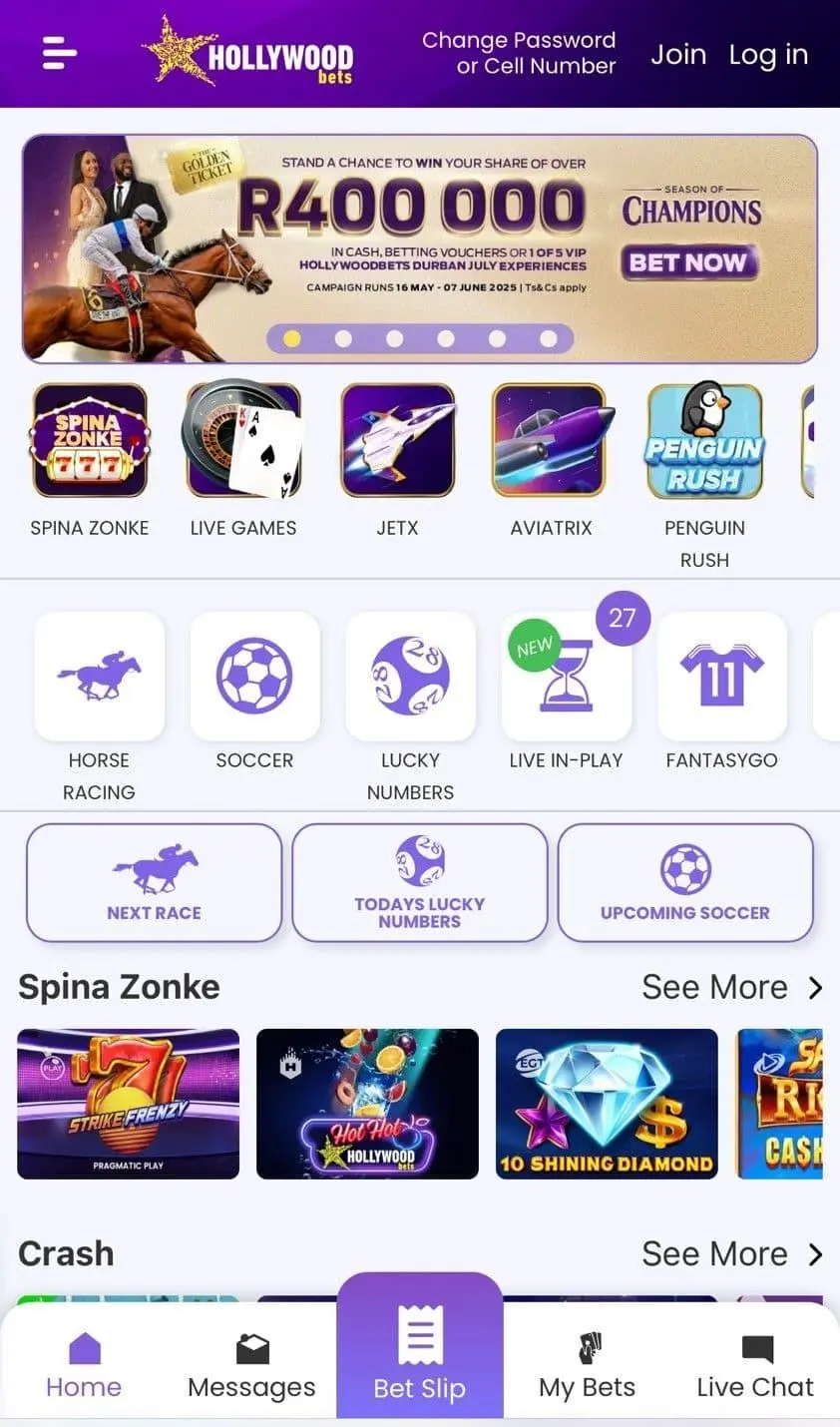 Hollywoodbets South Africa mobile casino homepage